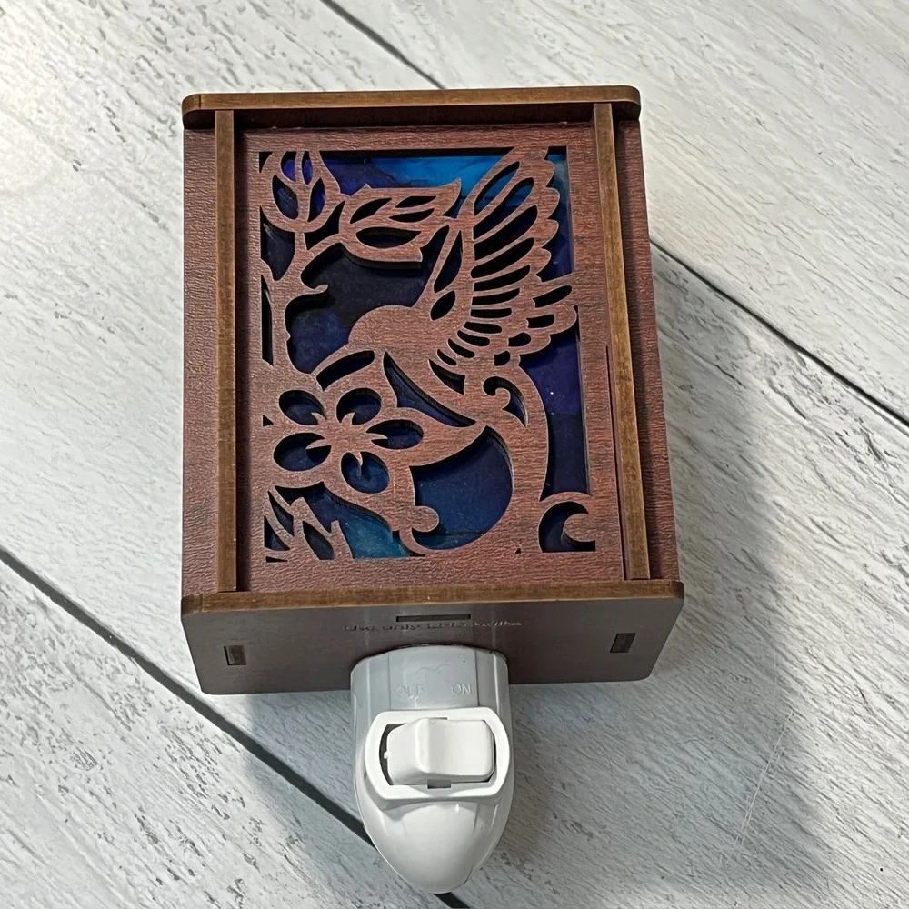 Hummingbird Lantern Night Light Wood Laser Cut Blue Light Plug In‎ Handmade